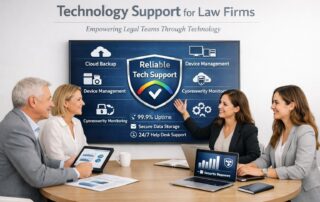 Technology support team presenting cybersecurity compliance and digital infrastructure solutions on a screen to legal professionals in a law firm boardroom.