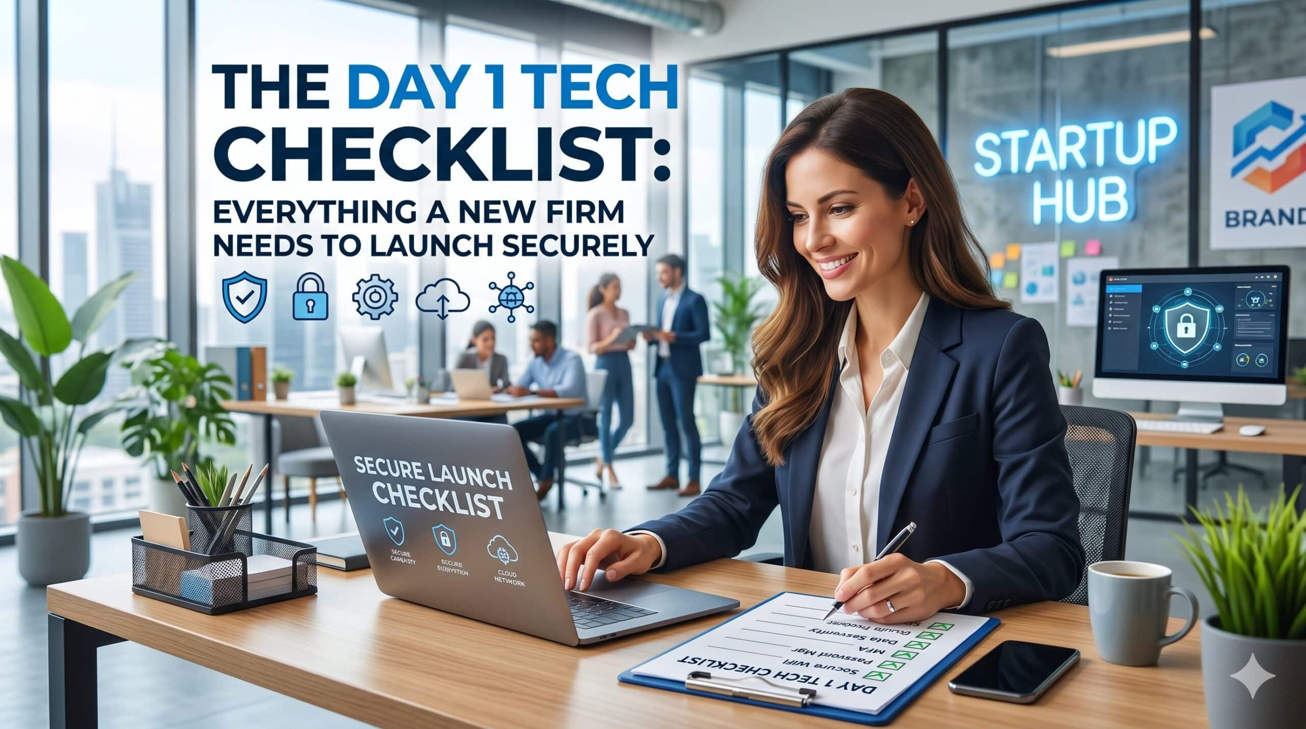 Professional law firm tech checklist for a secure Day 1 startup launch.