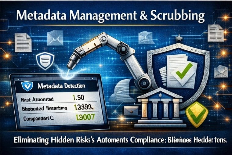 Infographic illustrating the metadata trap and automated document scrubbing for law firms, featuring a digital legal shield and robotic file management.