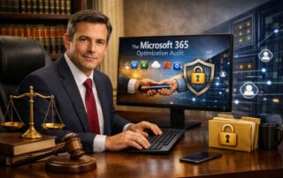 A legal professional at a desk with a Microsoft 365 interface showing a security padlock and scales of justice, representing a Microsoft 365 optimization audit for law firms.