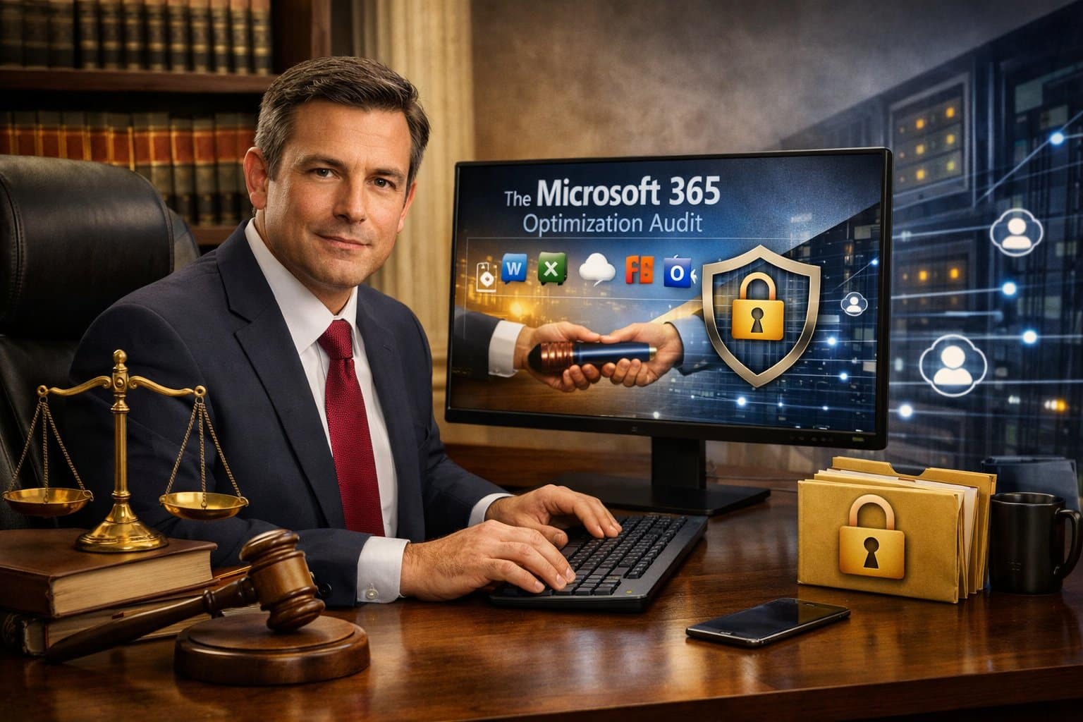 A legal professional at a desk with a Microsoft 365 interface showing a security padlock and scales of justice, representing a Microsoft 365 optimization audit for law firms.