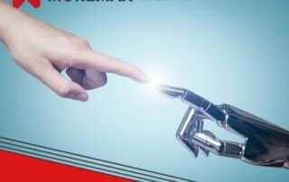 Human hand reaching out to a robotic hand representing AI for law firms.