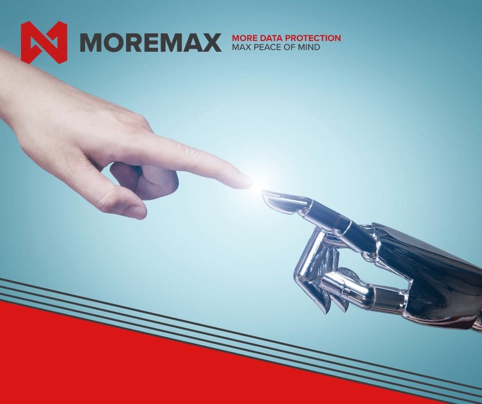 Human hand reaching out to a robotic hand representing AI for law firms.