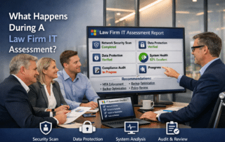 Graphic for law firm IT assessment showing a professional audit of legal technology and data security.