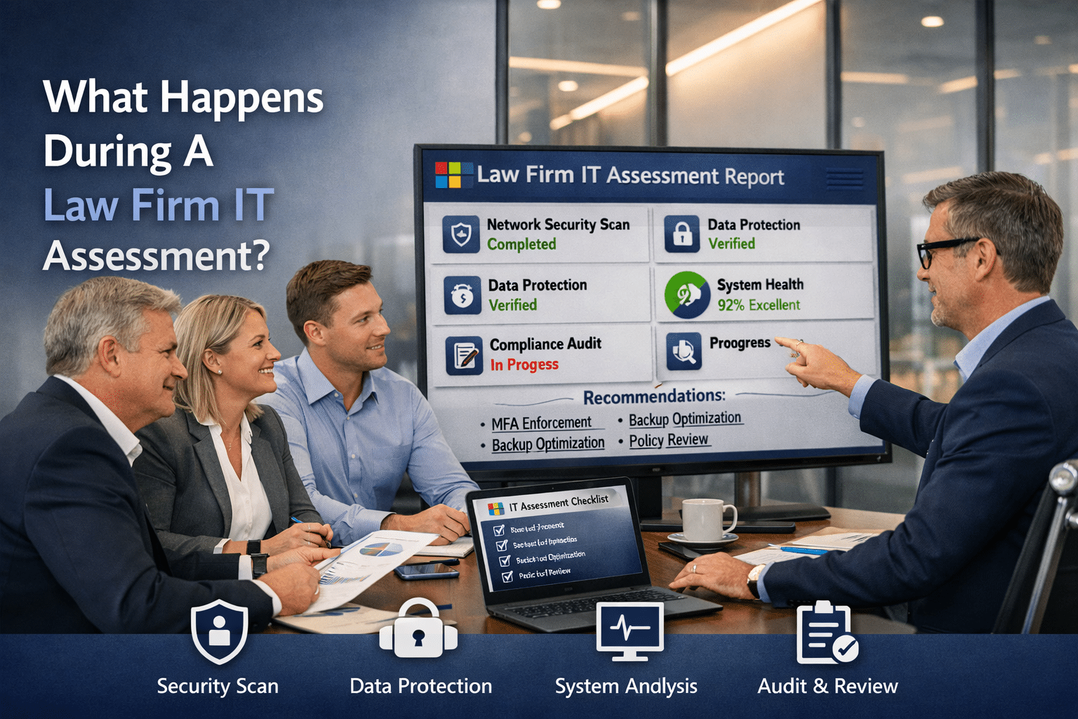 Graphic for law firm IT assessment showing a professional audit of legal technology and data security.