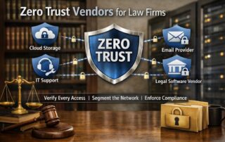 Infographic showing Zero Trust vendors for law firms, featuring a digital security shield, legal scales, and law books on a wooden desk.