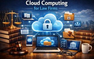 Graphic for cloud computing for law firms showing a secure legal vault in a cloud landscape.