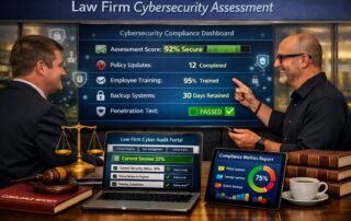 Graphic for a law firm cybersecurity assessment showing a professional audit of digital risks and data security standards.