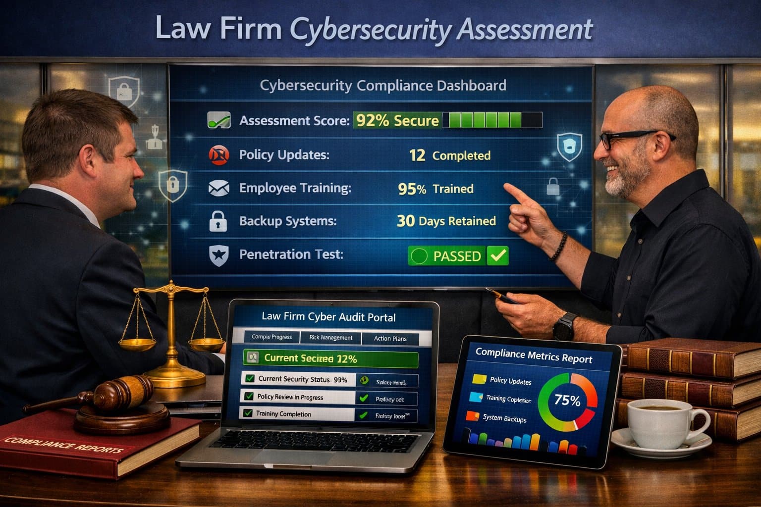 Graphic for a law firm cybersecurity assessment showing a professional audit of digital risks and data security standards.