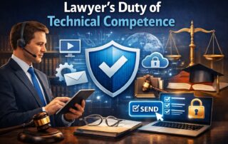 Graphic for the lawyer duty of technical competence showing professional legal technology standards and ABA Model Rule 1.1 compliance.