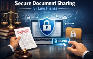 Graphic for secure document sharing for law firms showing a digital legal vault and secure data transmission icons.