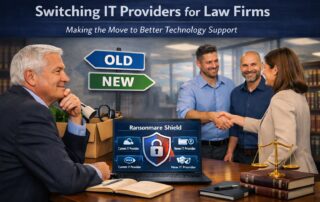A legal team shaking hands with a new IT consultant to illustrate the process of switching IT providers for a law firm, showing a shift from "Old" to "New" secure technology.
