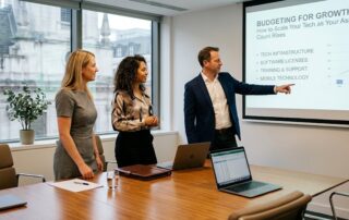 A group of legal professionals in a conference room discussing budgeting for growth and scaling law firm technology as their associate count increases.