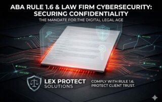 Graphic for ABA Rule 1.6 cybersecurity showing a digital legal shield protecting confidential client data.