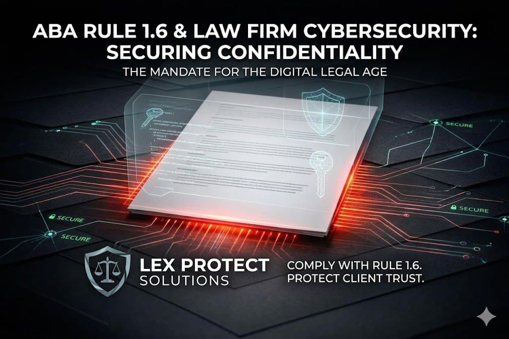 Graphic for ABA Rule 1.6 cybersecurity showing a digital legal shield protecting confidential client data.