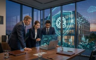 A diverse group of three professionals in business attire collaborating over a laptop in a modern conference room, discussing strategy for anti-phishing for law firms.