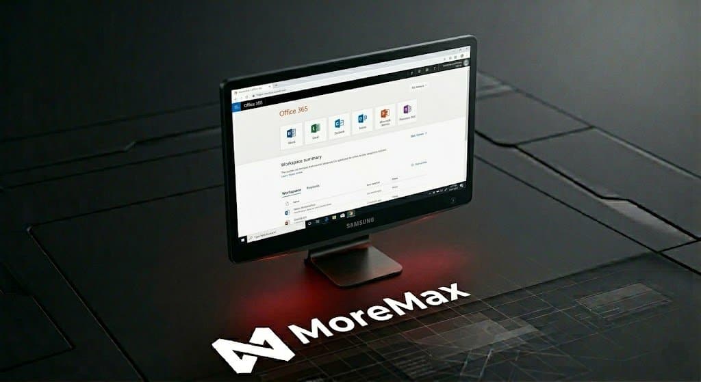 A professional computer monitor with the MoreMax logo, representing IT as a secure and always-on business utility for law firms.