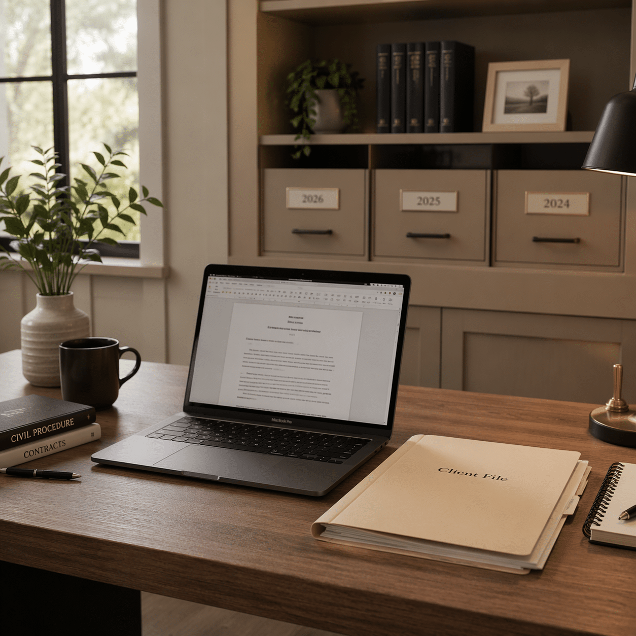 Computer on a desk in home office with filing system.
