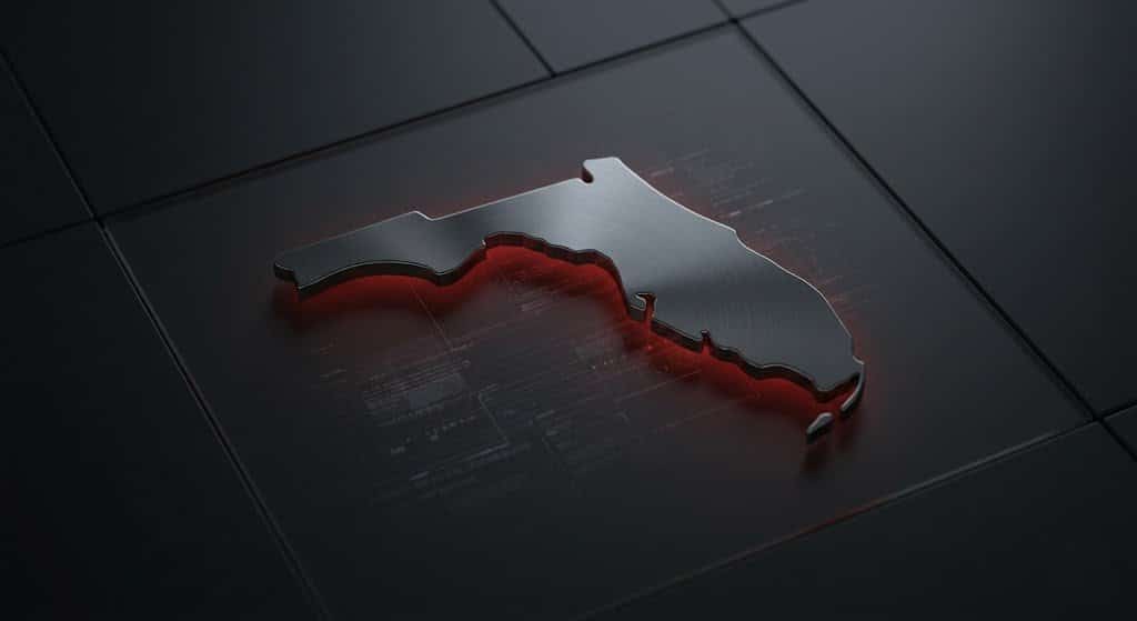 Stylized glowing red outline of Florida on a dark digital background, representing specialized Florida law firm IT support and cybersecurity services.