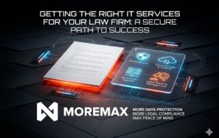Graphic for getting the right IT services for your law firm showing a professional IT consultant discussed secure technology with an attorney.