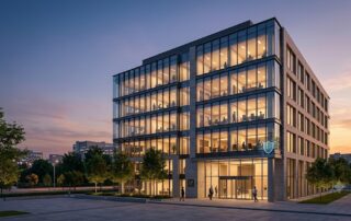 A modern office building at dusk, well-lit from within, illustrating a secure firm that is cyber insurance ready.