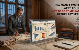 A wide blog banner featuring a mature lawyer in a pinstripe suit reviewing parchment documents in a classic wood-paneled office. A futuristic glass screen displays charts. Text overlay reads: "How Many Lawyers Were Found Not to Be Compliant in the Last Year?"