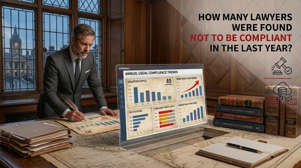 A wide blog banner featuring a mature lawyer in a pinstripe suit reviewing parchment documents in a classic wood-paneled office. A futuristic glass screen displays charts. Text overlay reads: "How Many Lawyers Were Found Not to Be Compliant in the Last Year?"