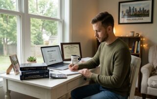 A young man working at a desk in a home office, writing in a notebook and looking at a laptop,