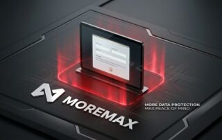A digital legal form emerging from a secure technology chip with the MoreMax logo, illustrating how to automate client intake for law firms.