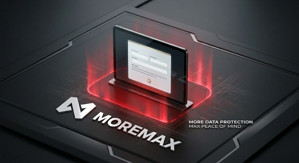 A digital legal form emerging from a secure technology chip with the MoreMax logo, illustrating how to automate client intake for law firms.