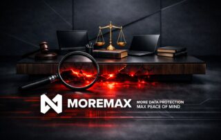 A magnifying glass over a desk with legal scales and digital icons, illustrating a forensic search for law firm growth mistakes in technology and security.