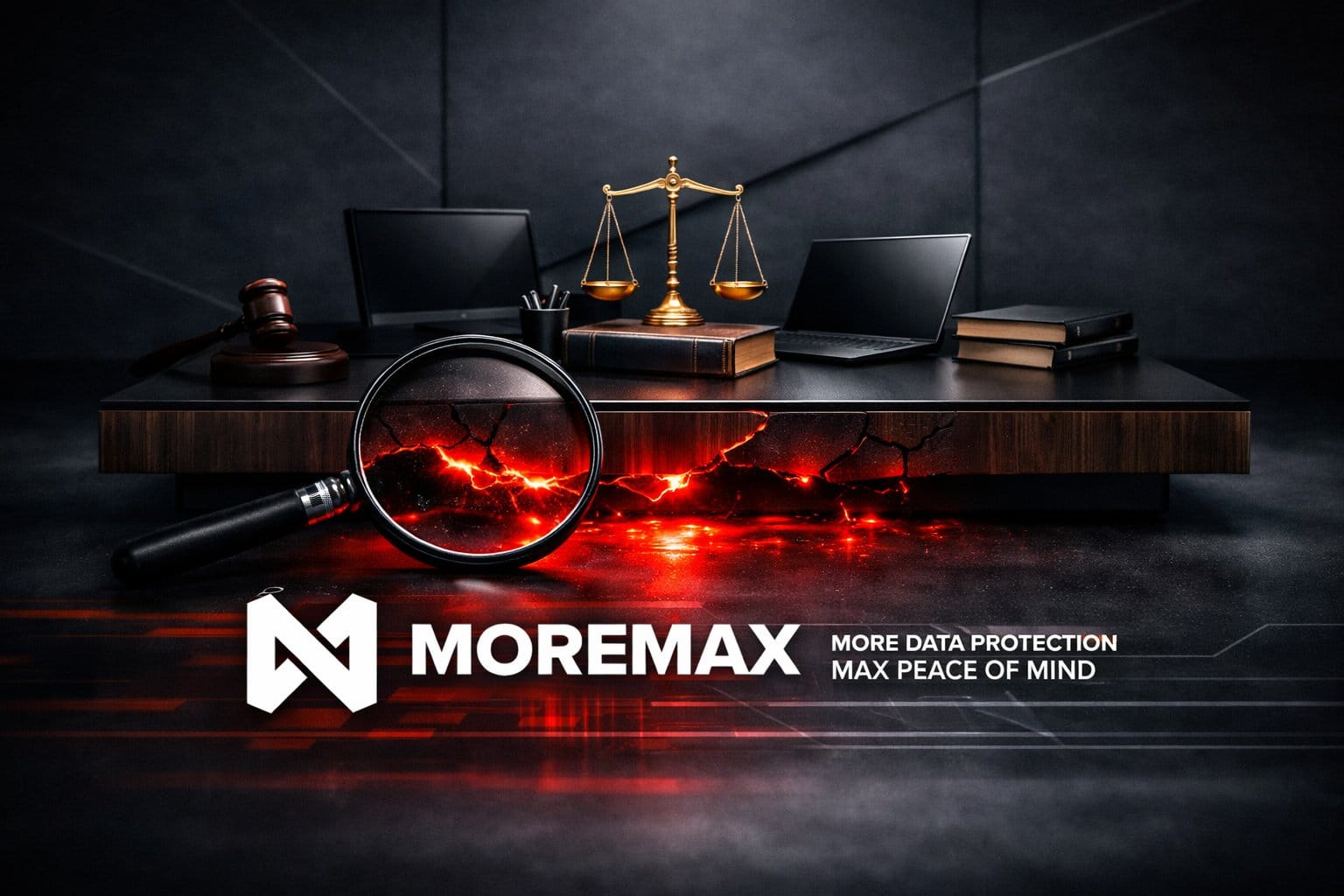 A magnifying glass over a desk with legal scales and digital icons, illustrating a forensic search for law firm growth mistakes in technology and security.