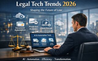 An attorney reviewing legal technology trends for 2026 on a digital dashboard, featuring icons for AI, cloud storage, and cybersecurity.