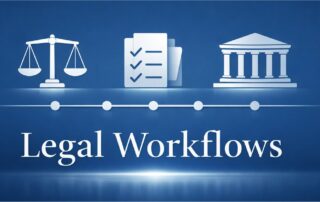 A legal industry logo featuring symbols of a balance scale, a data spreadsheet, and a classical courthouse building with the text 'Legal Workflows' below.