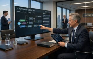 IT professional demonstrating AI automation to a lawyer in a modern law office.
