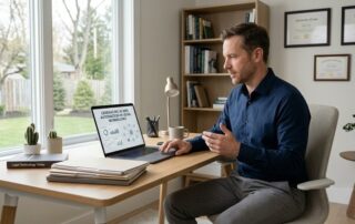 A professional male lawyer in his early 40s works from a home office desk, using a laptop that displays a presentation on "Leveraging AI and Automation in Legal Workflows". A framed degree is visible on the bookshelf behind him.