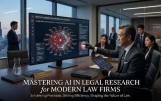 Graphic for AI in legal research showing a professional attorney using high-tech digital case law analysis tools.