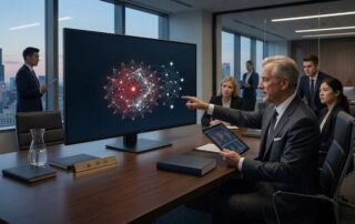 Graphic for AI in legal research showing a professional attorney using high-tech digital case law analysis tools.