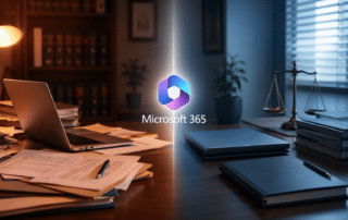 Split workspace scene in a modern law office showing a disorganized desk in warm light contrasted with an organized, secure desk in cool tones, representing cybersecurity risk vs protection.