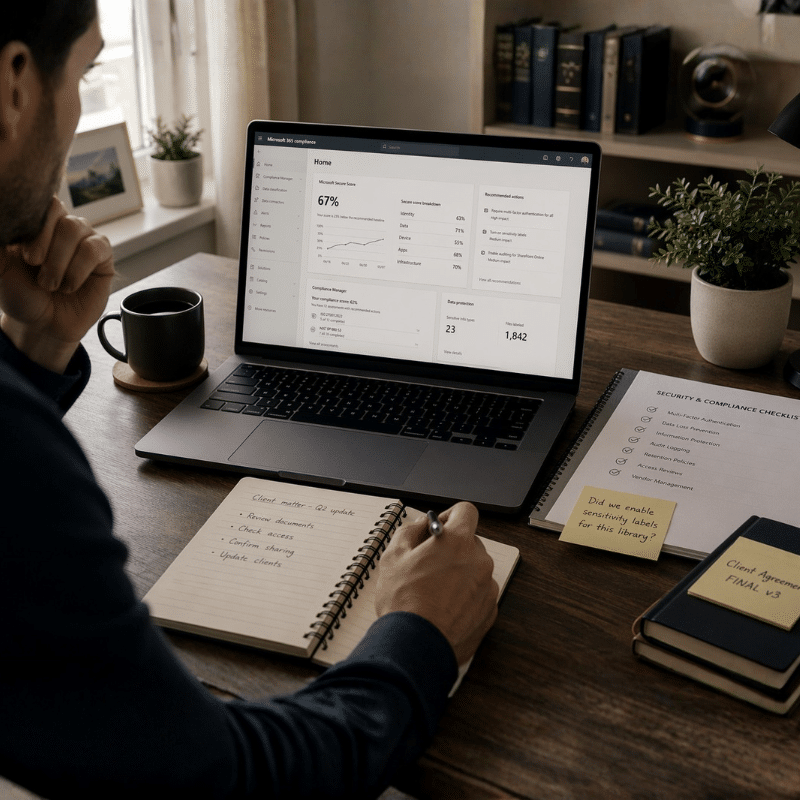 Home office legal workspace with conflicting document versions and Microsoft 365 security dashboard on laptop.