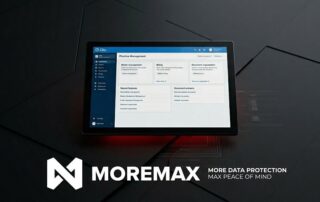 A digital dashboard and the MoreMax logo illustrating what software most law firms use for secure practice management and legal document storage.