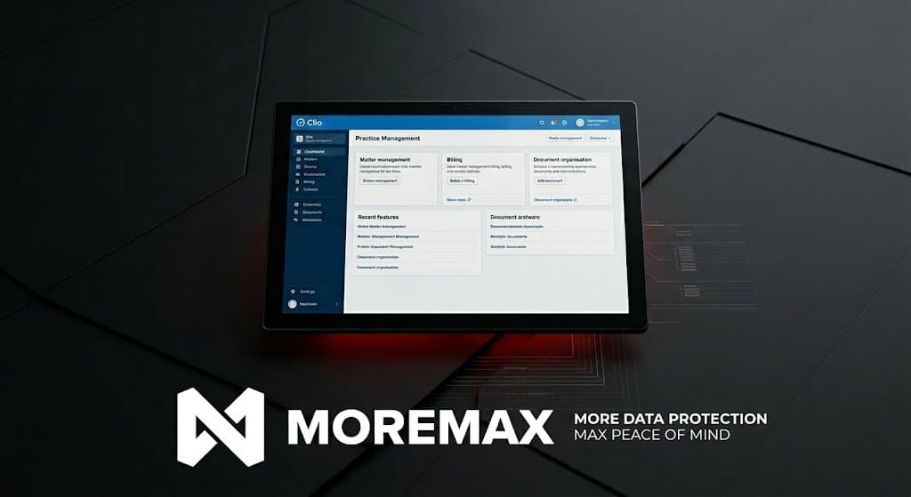 A digital dashboard and the MoreMax logo illustrating what software most law firms use for secure practice management and legal document storage.