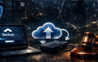 Digital backup and recovery concept for lawyers with servers and gavel.