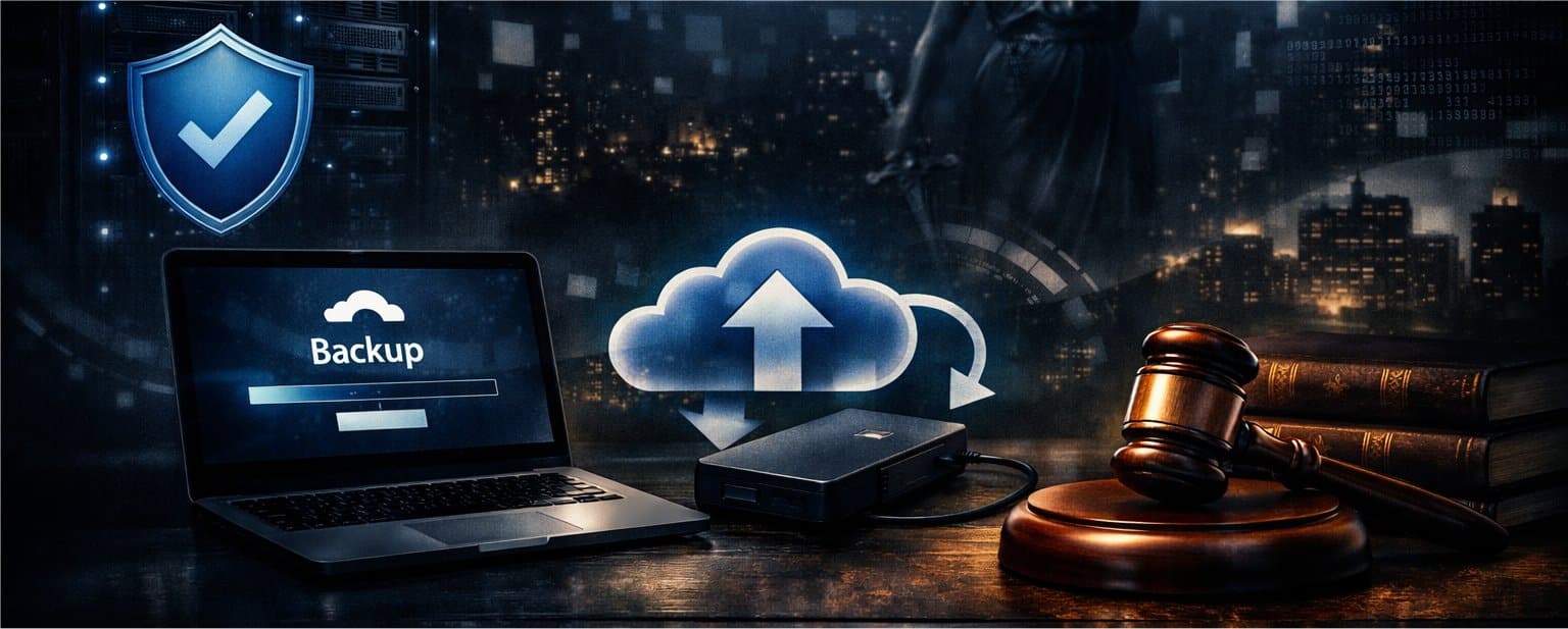 Digital backup and recovery concept for lawyers with servers and gavel.