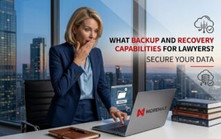 A blonde female lawyer in a blue suit reacting with surprise at her laptop in a modern high-rise office. Text overlay reads: "What Backup and Recovery Capabilities for Lawyers? Secure Your Data"