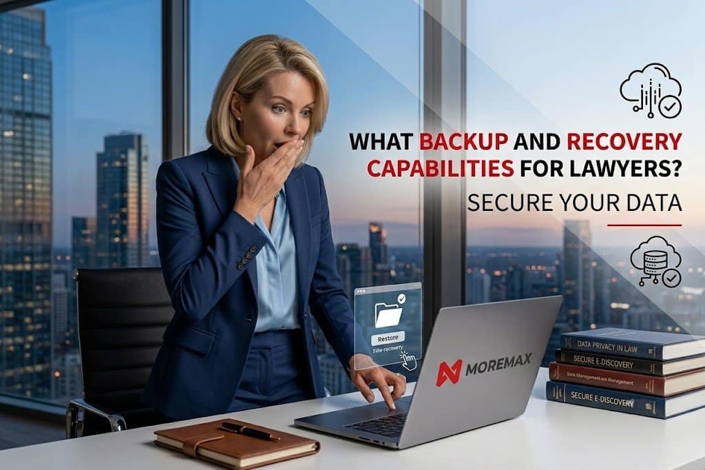 A blonde female lawyer in a blue suit reacting with surprise at her laptop in a modern high-rise office. Text overlay reads: "What Backup and Recovery Capabilities for Lawyers? Secure Your Data"