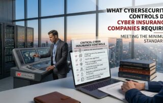 A wide blog banner featuring a professional man at a high-tech console with a city view. Text overlay reads: "What Cybersecurity Controls Do Cyber Insurance Companies Require? Meeting the Minimum Standards"