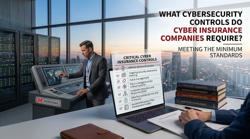 A wide blog banner featuring a professional man at a high-tech console with a city view. Text overlay reads: "What Cybersecurity Controls Do Cyber Insurance Companies Require? Meeting the Minimum Standards"