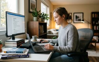 A young woman working at a desk in her home office, reviewing cybersecurity and risk management materials on her computer.