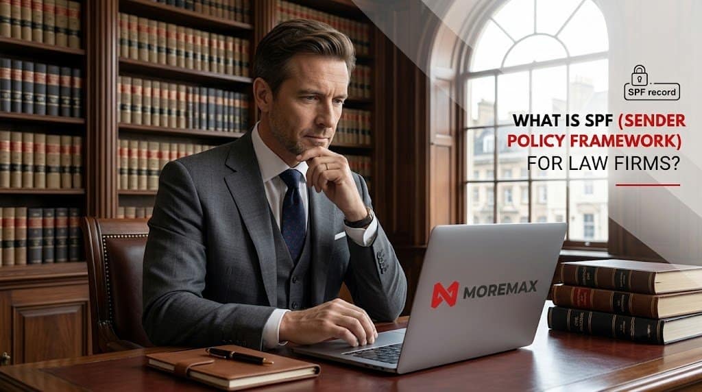 A lawyer in a suit sitting at a desk in a law library, looking at a laptop with the MoreMax logo. Text overlay reads: "What is SPF (Sender Policy Framework) for Law Firms?"